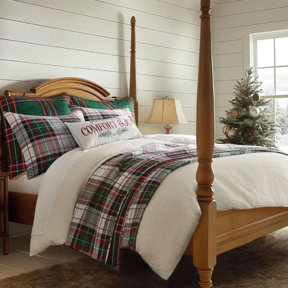 🆕 PB Style Christmas Tartan Plaid Quilt Stewart Print in King Bedding SET shams
